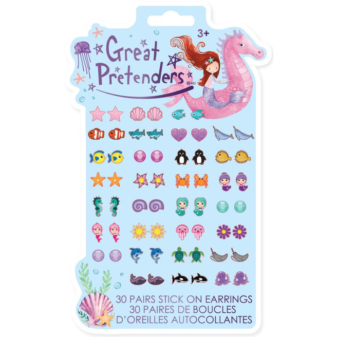 Verpakking van Great Pretenders plakoorbellen voor kinderen met diverse zeemeermin- en dierenfiguren.