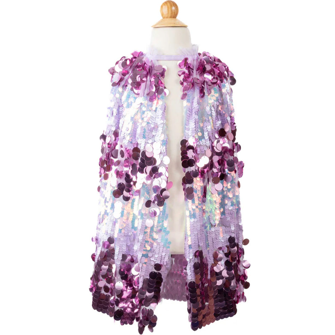 Great Pretenders verkleedcape voor kinderen met paarse pailletten op een paspop.