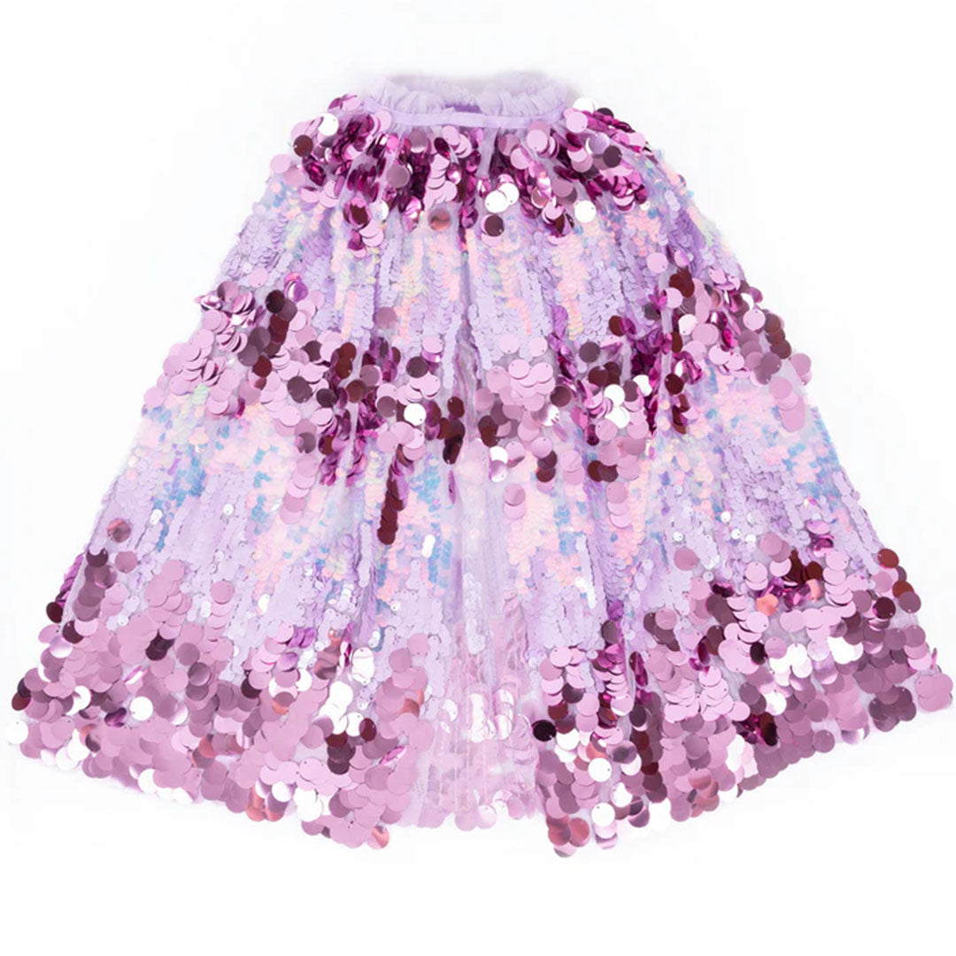 Great Pretenders verkleedcape voor kinderen met paarse pailletten, plat gefotografeerd van bovenaf.