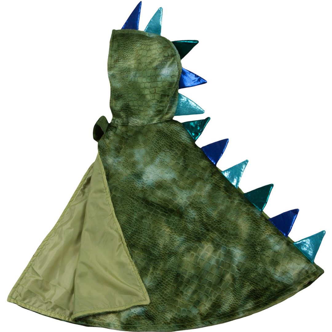 Great Pretenders groene baby draken verkleedcape met blauwe en turquoise stekels, van bovenaf gefotografeerd.