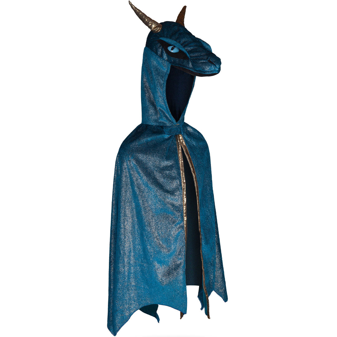 Great Pretenders verkleedcape draak starry night, een blauwe cape met drakenhoofd en gouden rits, op een witte achtergrond.
