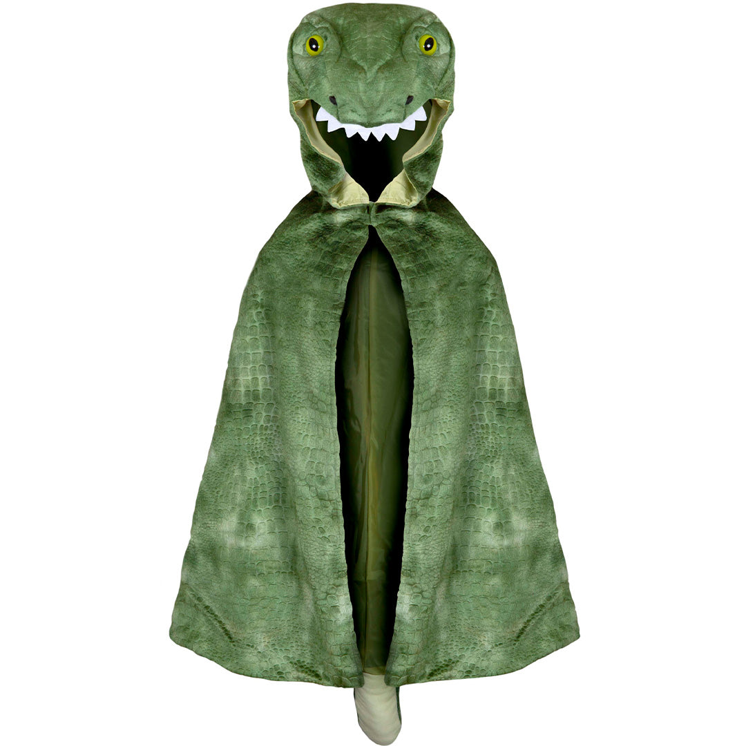 Great Pretenders groene dino T-Rex verkleedcape met capuchon, vooraanzicht.