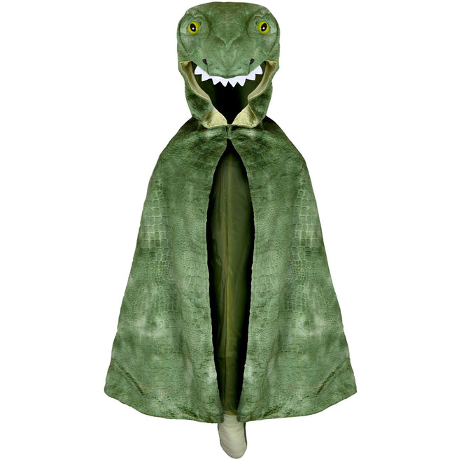 Great Pretenders groene dino T-Rex verkleedcape met capuchon, vooraanzicht.