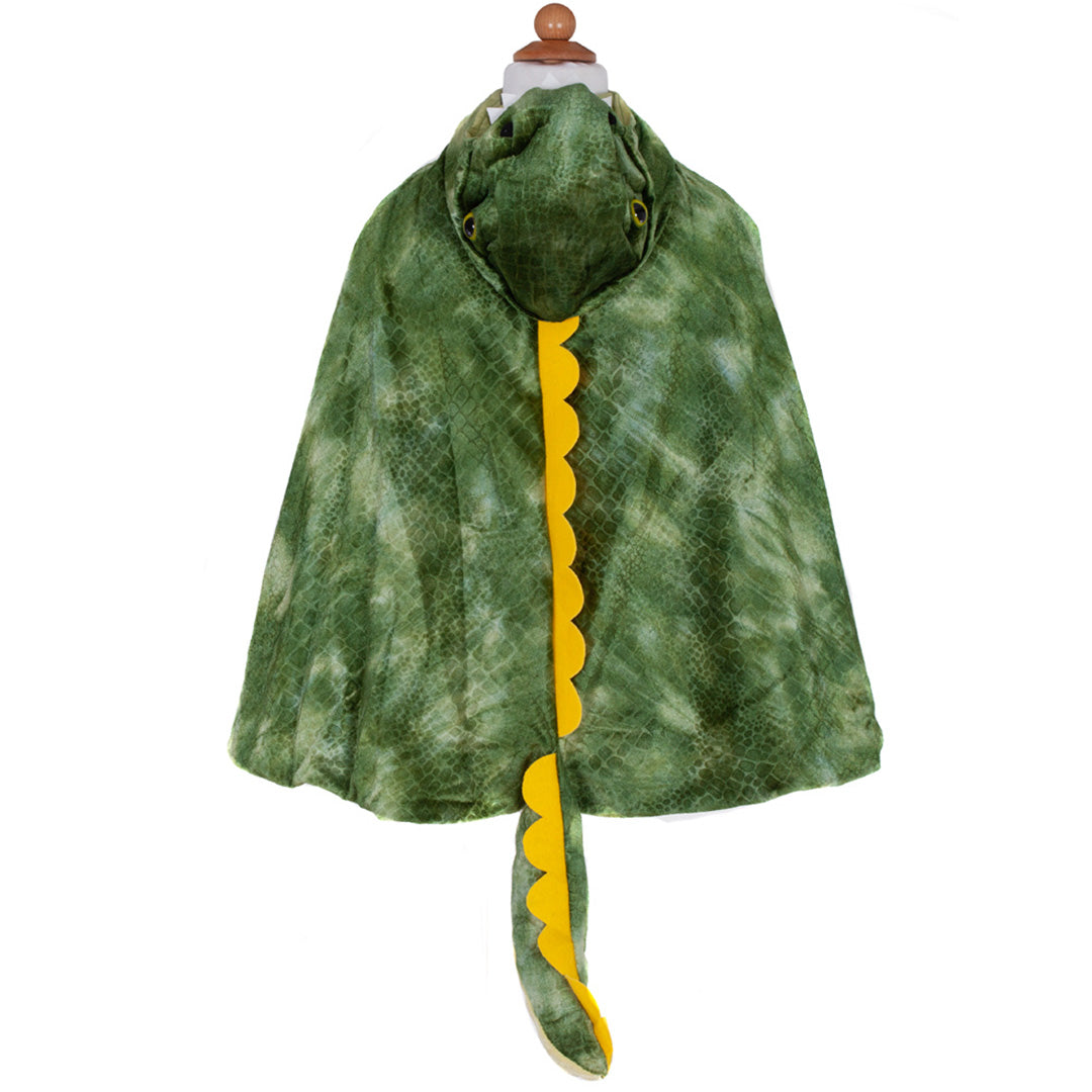 Achterkant van de groene dino T-Rex verkleedcape met gele stekels op de rug en staart.