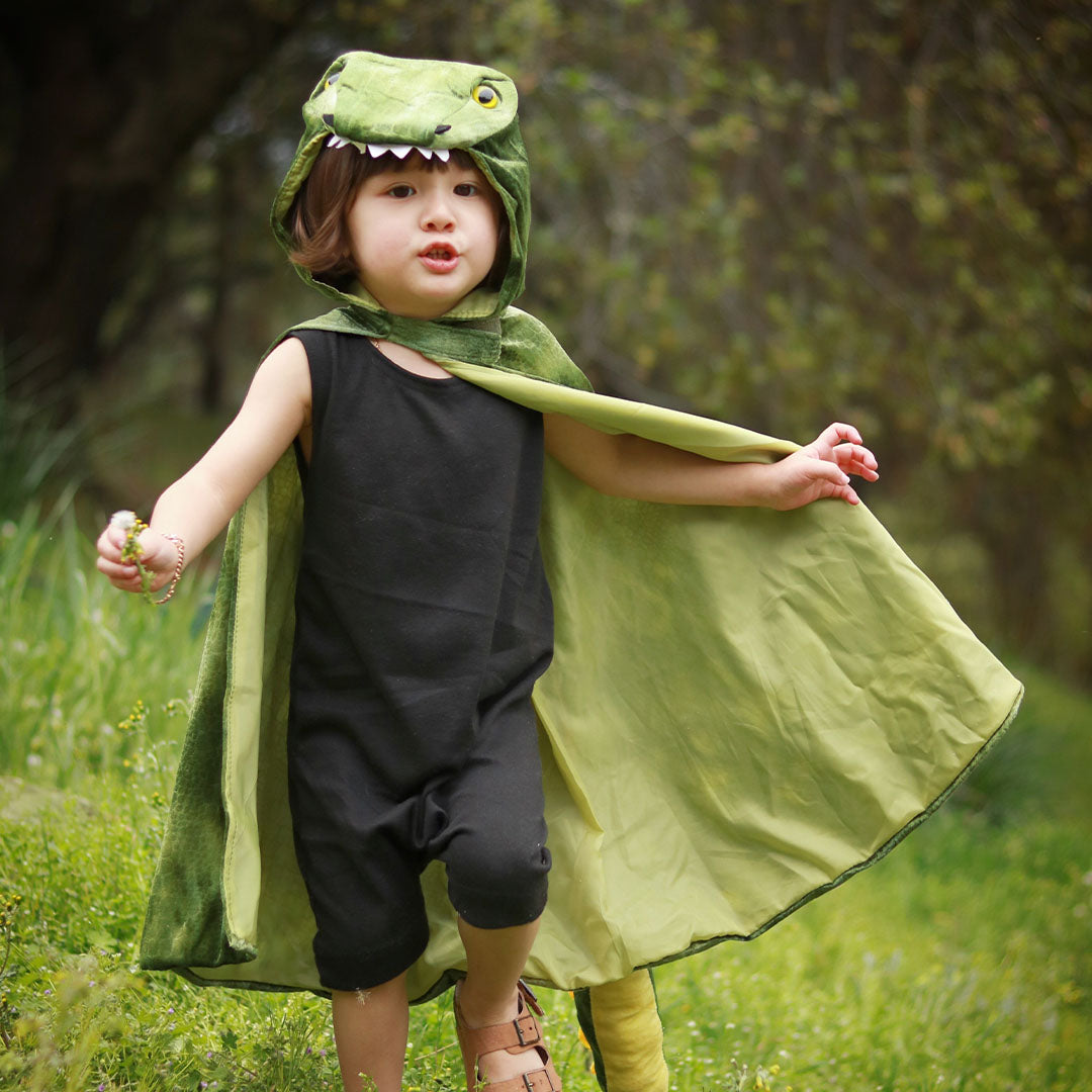 Een kind staat in het gras, gekleed in de groene dino T-Rex verkleedcape.