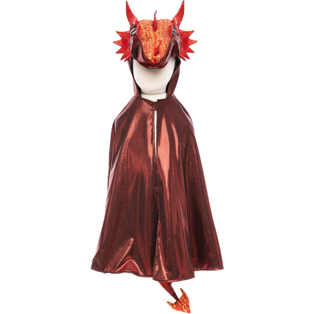 great pretenders rode metallic draken verkleedcape op een paspop.