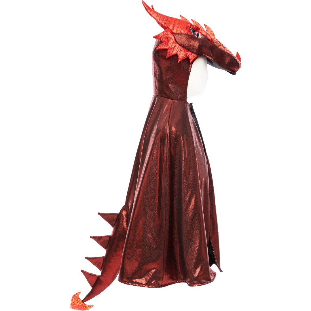 great pretenders rode metallic draken verkleedcape met staart, van opzij gezien op een paspop.