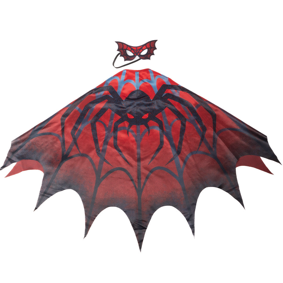 great pretenders verkleedcape en masker webwever, rood met spinnenwebpatroon, plat gefotografeerd.