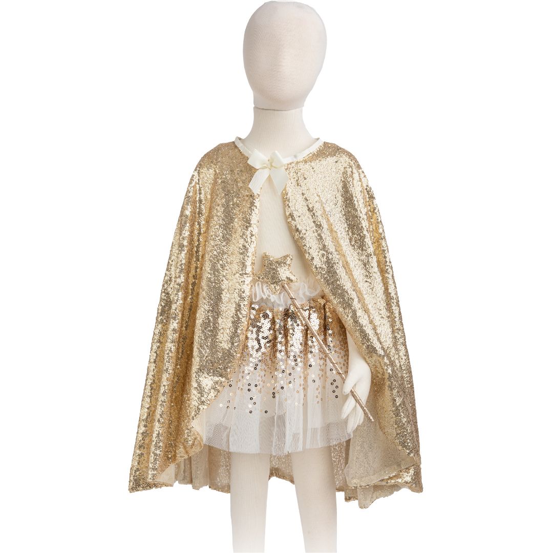Great Pretenders gouden verkleedcape met pailletten, rokje en sterrenstaf op een paspop.