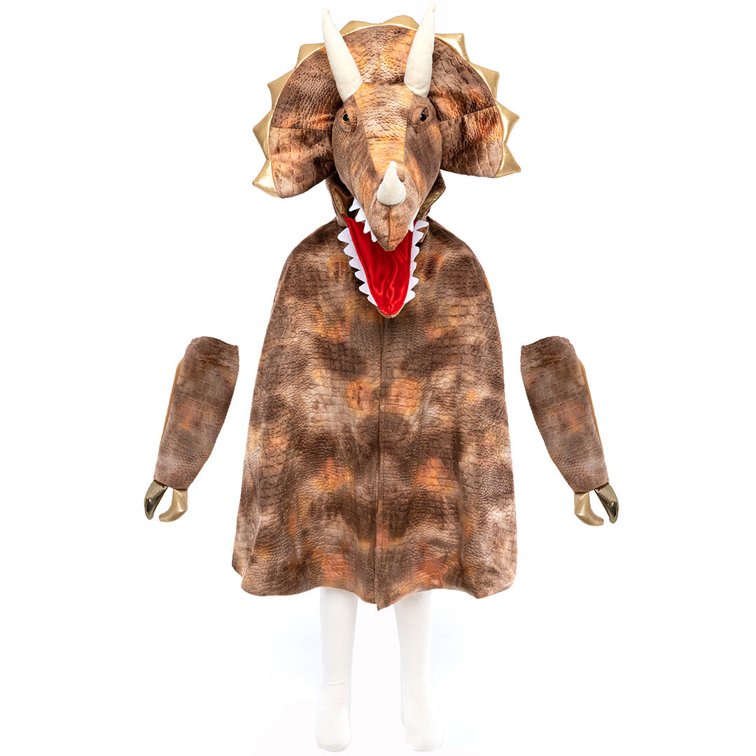 Great Pretenders triceratops verkleedcape met losse klauwen, gepresenteerd op een witte achtergrond.