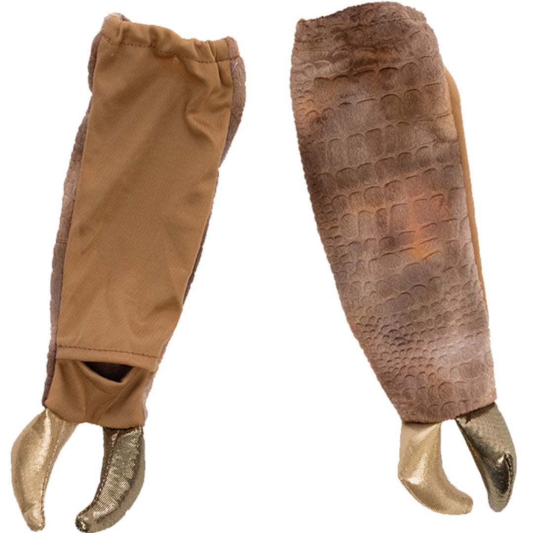 Detailfoto van de twee bruine klauwen die bij de dino verkleedcape horen.