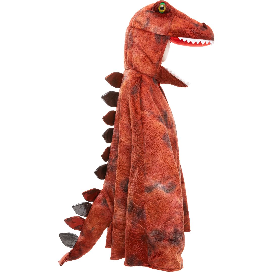 great pretenders rode T-Rex verkleedcape voor kinderen met capuchon en staart, op een mannequin.