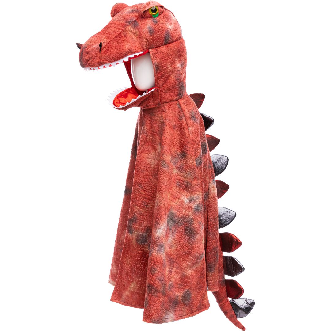 great pretenders rode T-Rex verkleedcape voor kinderen met open bek en tanden, op een mannequin.