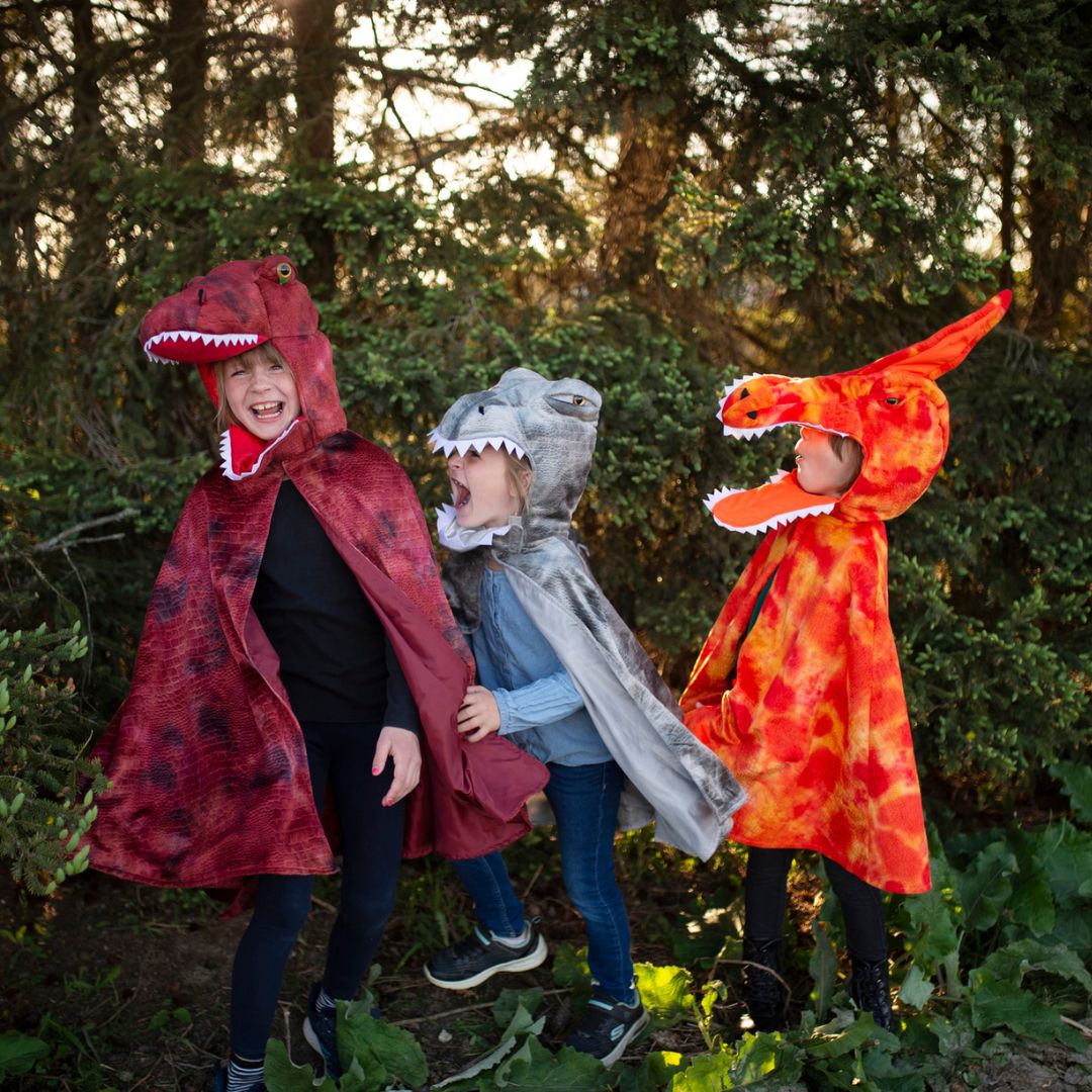 Drie kinderen in dinosaurus verkleedcapes, waaronder een rode T-Rex, spelen in een bos.