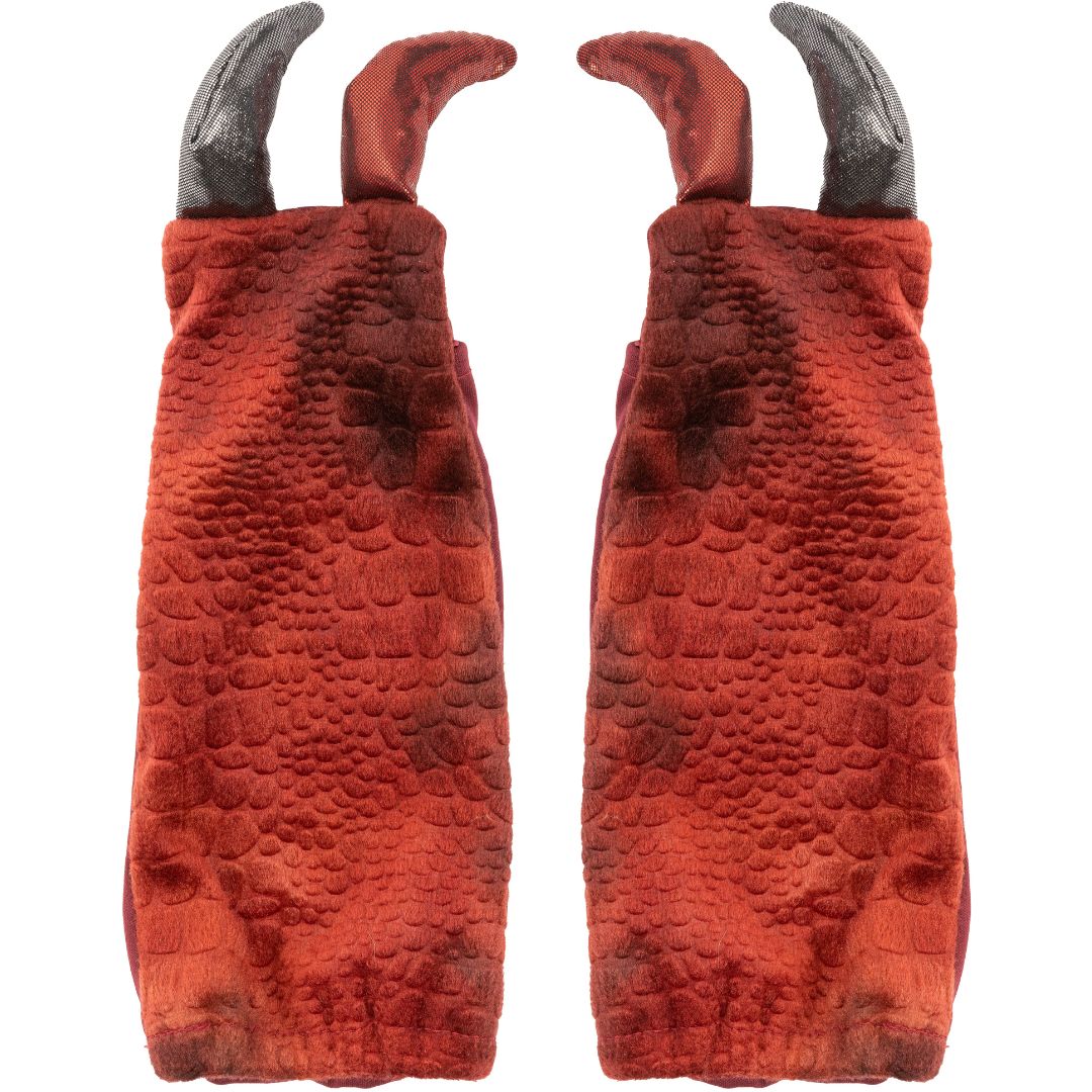 Twee rode dinosaurus klauwen voor kinderen met zwarte nagels, passend bij de T-Rex verkleedcape.