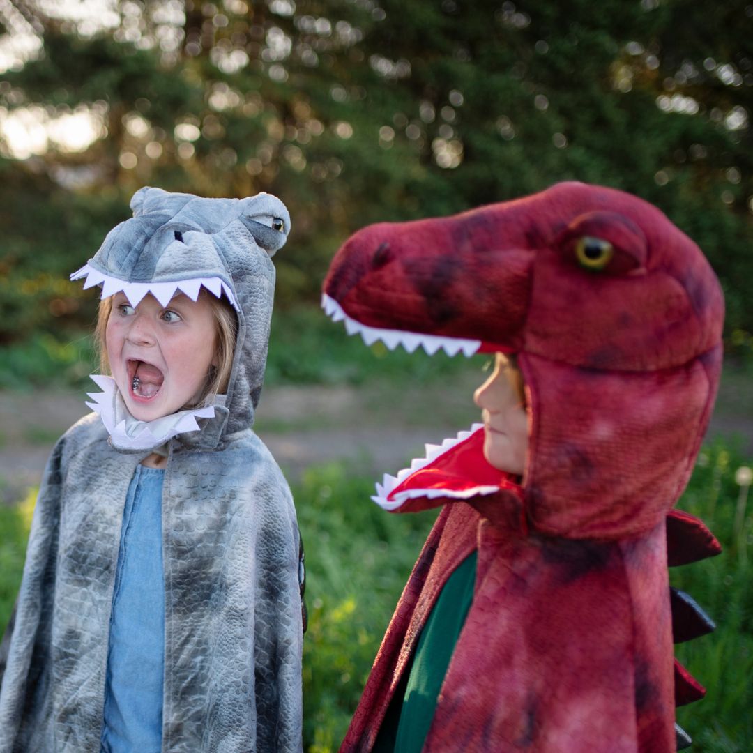 Twee kinderen in dinosaurus verkleedcapes, een grijze en een rode T-Rex, kijken elkaar aan in het gras.