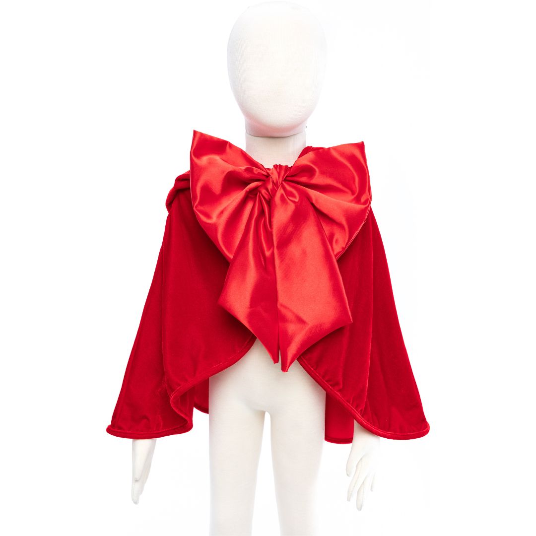 Achterkant van de Great Pretenders Roodkapje verkleedcape met grote rode strik, getoond op een mannequin.