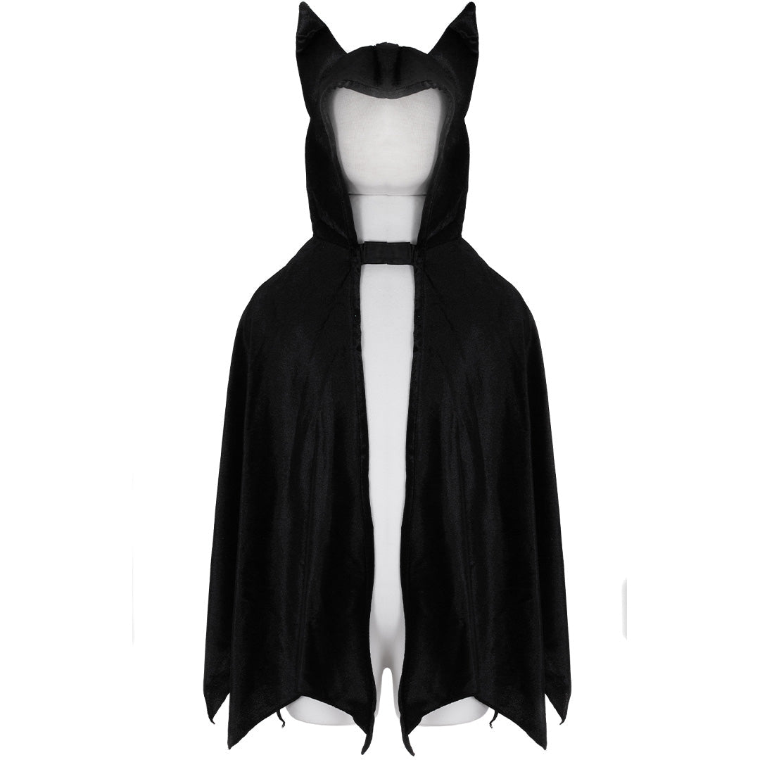 Great Pretenders verkleedcape vleermuis met capuchon en oren, getoond op een mannequin.