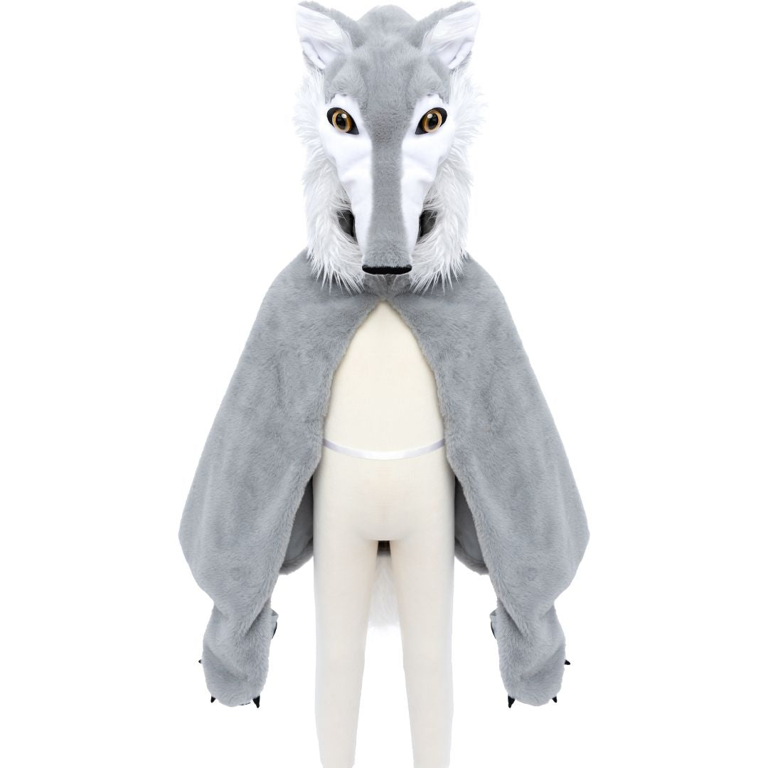 Great Pretenders grijze wolf verkleedcape op een paspop, van voren gezien.