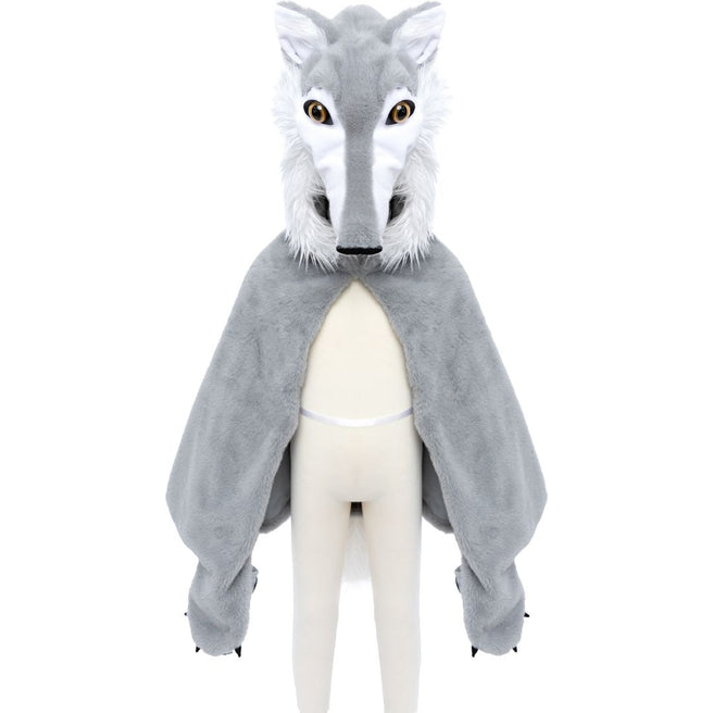 Great Pretenders grijze wolf verkleedcape op een paspop, van voren gezien.