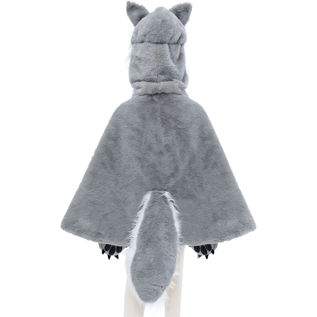 Great Pretenders grijze wolf verkleedcape op een paspop, van achteren gezien met staart en klauwen.