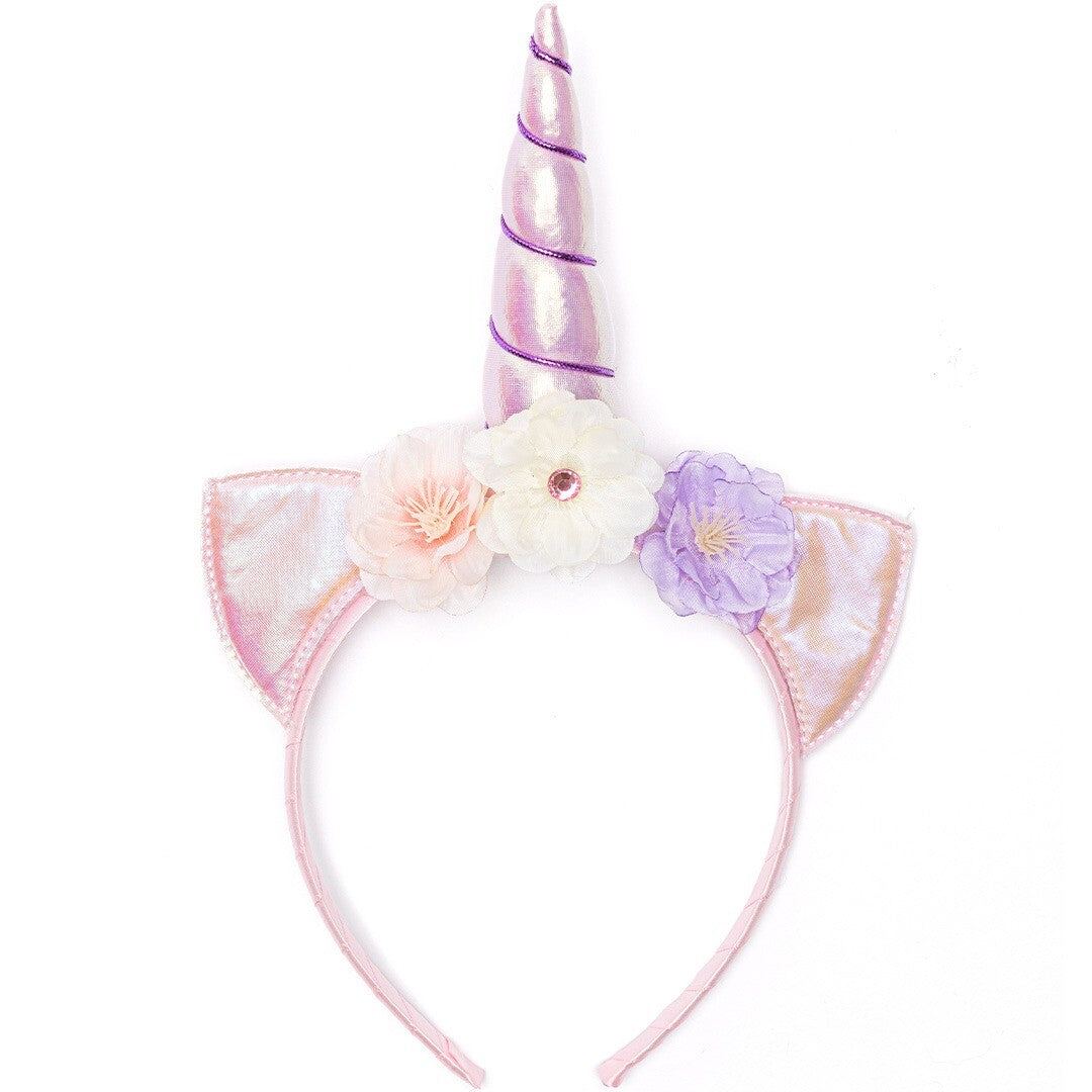 Roze eenhoorn diadeem met glinsterende hoorn en bloemen.