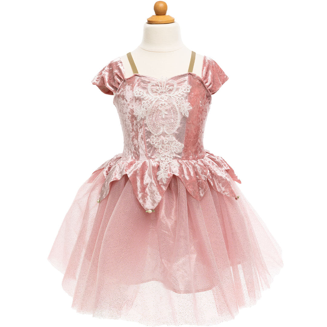 Great Pretenders prinsessen verkleedjurk in dusty rose met kant en gaas op een paspop.