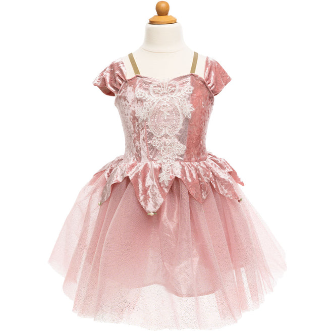 Great Pretenders prinsessen verkleedjurk in dusty rose met kant en gaas op een paspop.
