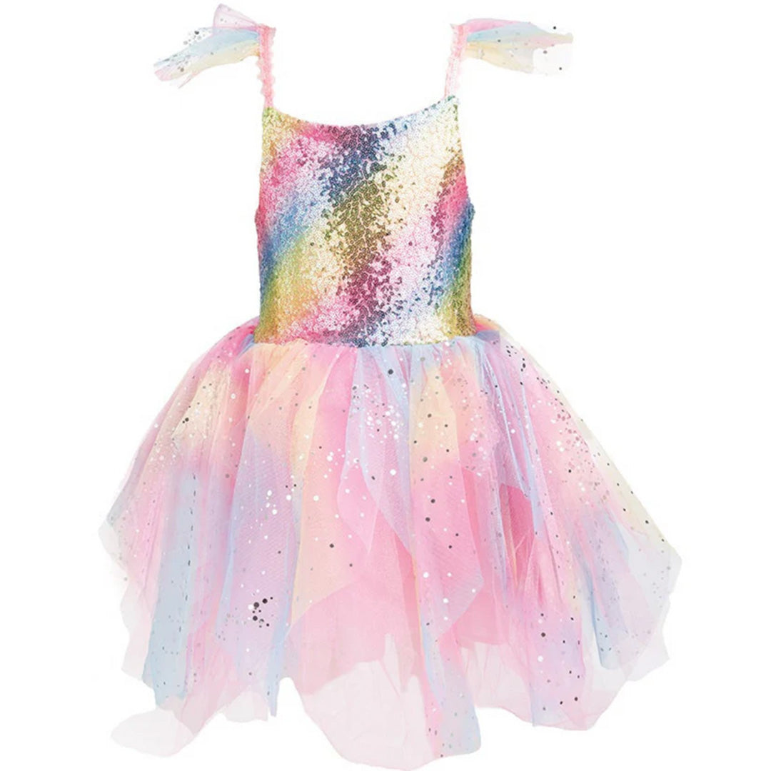 Great Pretenders regenboog verkleedjurk voor een elfje met pailletten top en tule rok, inclusief kleine vleugels.