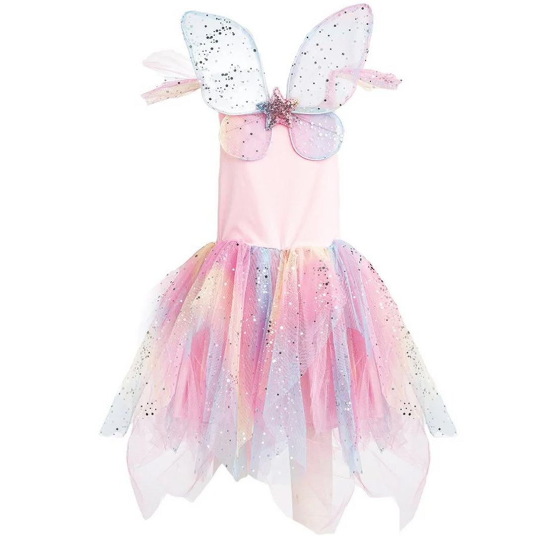 Great Pretenders regenboog verkleedjurk voor een elfje met roze top en tule rok, inclusief grote vlindervleugels.