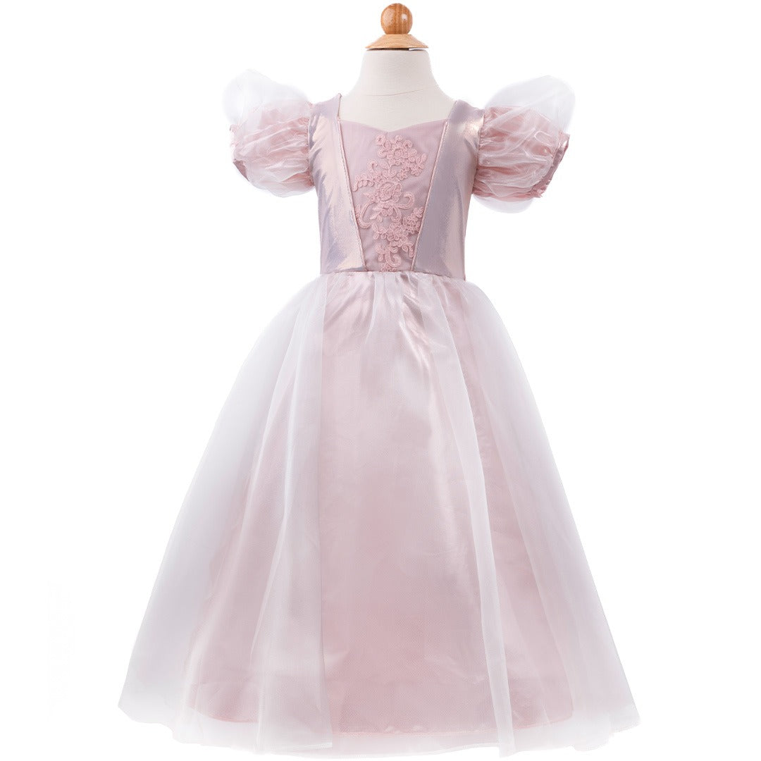Great Pretenders roze prinsessen verkleedjurk met pofmouwen en kanten details, gepresenteerd op een paspop.