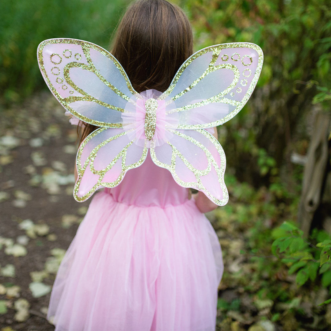 Een meisje draagt de roze vlinder verkleedjurk met grote glittervleugels, van achteren gezien op een pad.