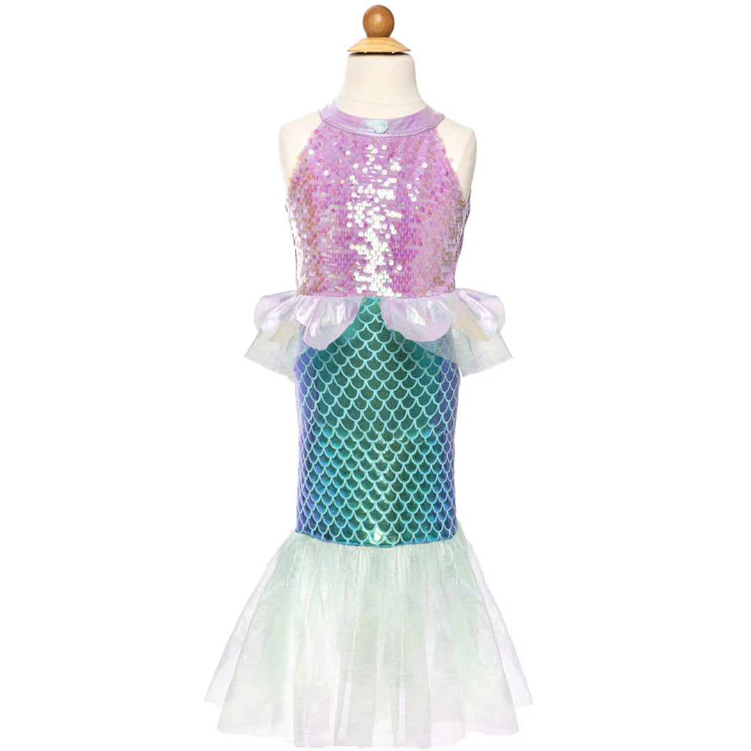 Great Pretenders zeemeermin verkleedjurk met paarse pailletten top en blauwgroene schubbenrok op een paspop.