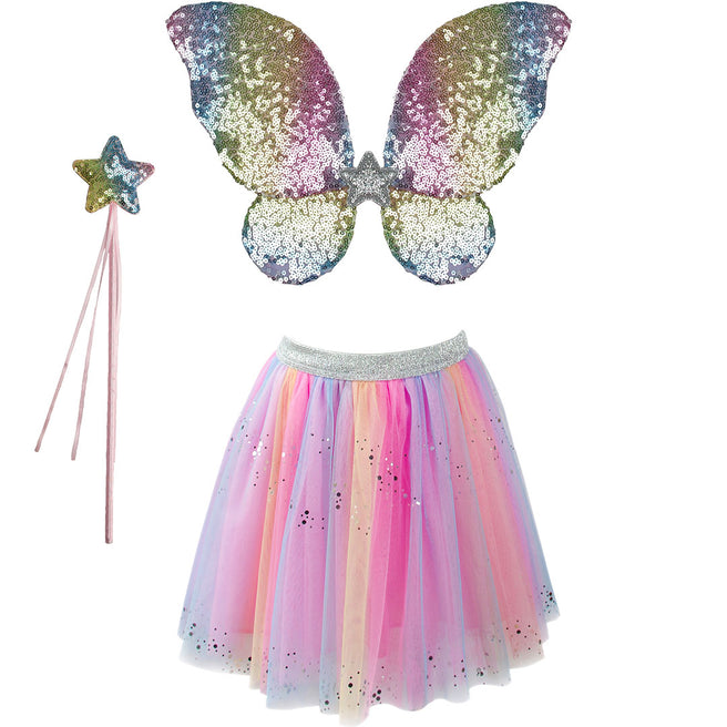 great pretenders verkleedset met regenboog vleugels, toverstaf en tule rok.