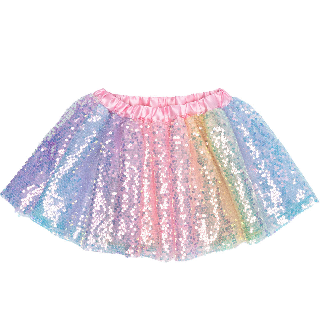 great pretenders verkleedrok met regenboog ombre pailletten en roze tailleband.