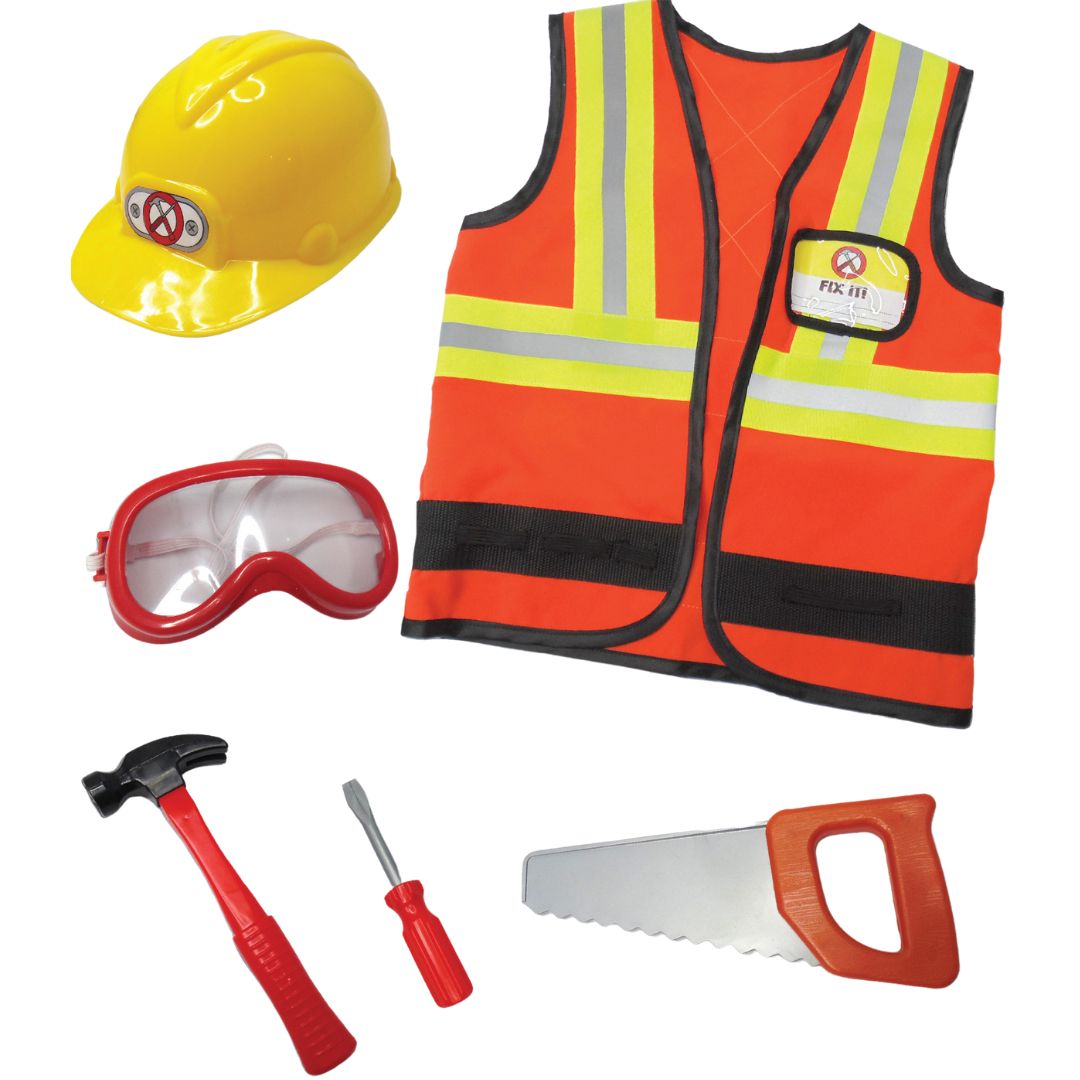 Great Pretenders bouwvakker verkleedset met gele helm, oranje vest, rode bril en gereedschap.