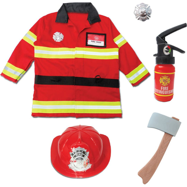 De Great Pretenders brandweerman verkleedset met rode jas, helm, bijl, brandblusser en badge.