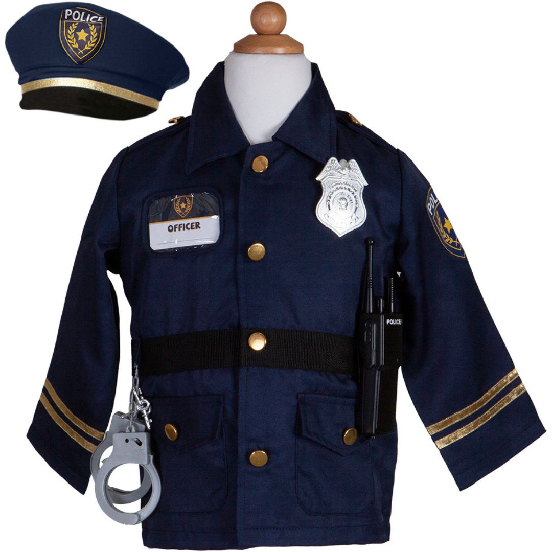 Great Pretenders verkleedset politieagent met donkerblauwe jas, pet, handboeien en walkie-talkie op een paspop.