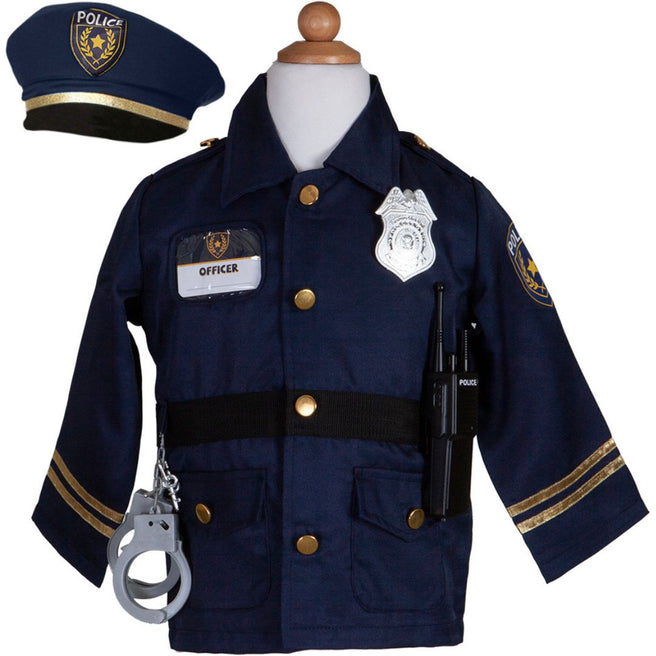 Great Pretenders verkleedset politieagent met donkerblauwe jas, pet, handboeien en walkie-talkie op een paspop.