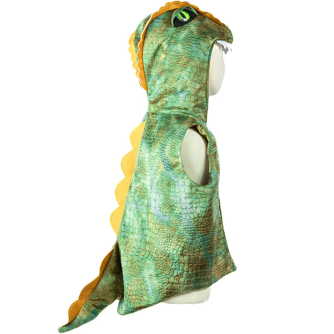 Great Pretenders groen dino verkleedvest op een paspop, schuin van voren gezien.