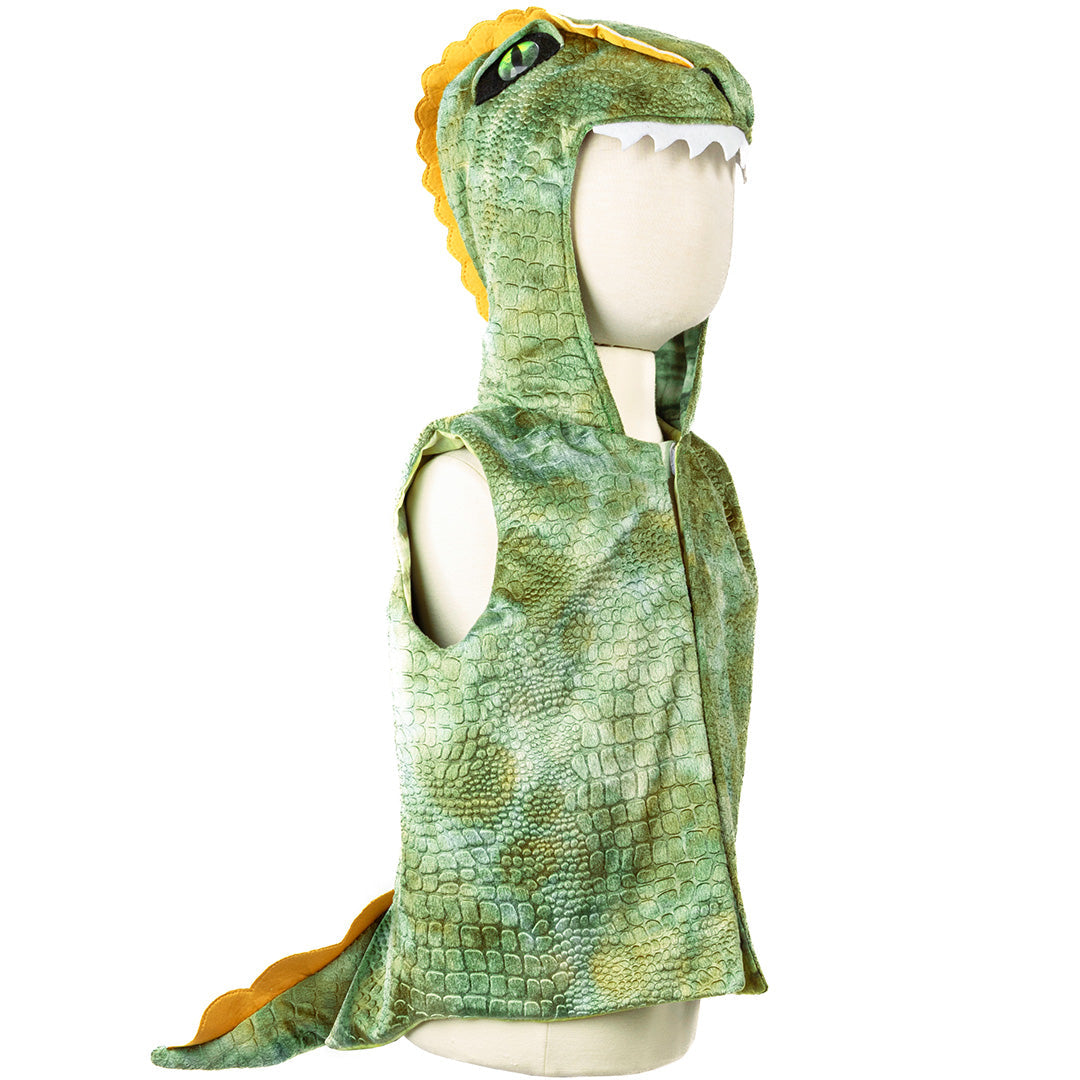 Groen dino verkleedvest op een paspop, schuin van voren gezien.