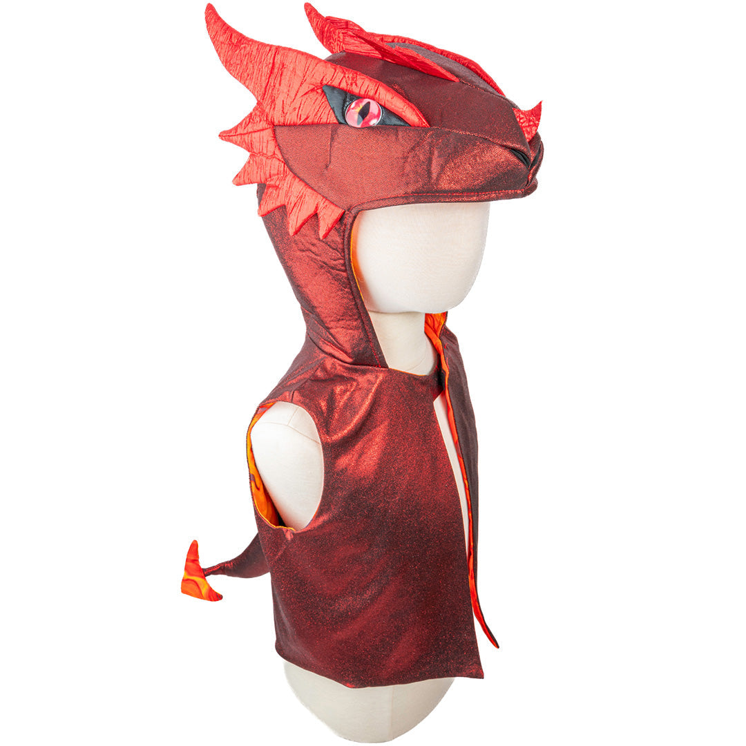 Great Pretenders rood draken verkleedvest op een mannequin, met capuchon en staart.