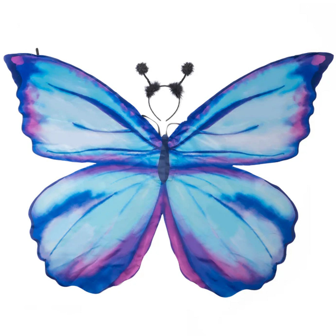 great pretenders vlinder kostuumaccessoire met blauw-paarse vleugels en een diadeem met voelsprieten.