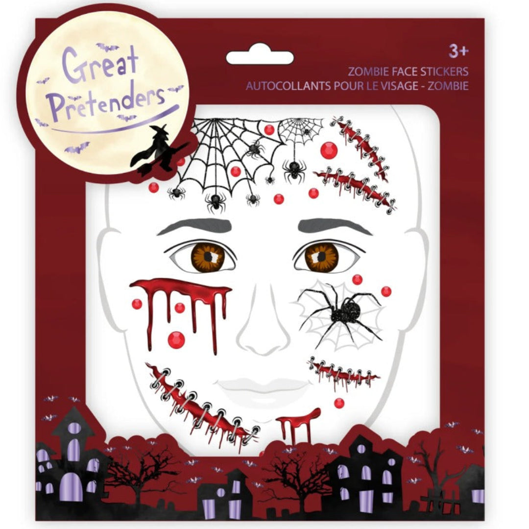 Verpakking van Great Pretenders zombie gezichtstickers met bloeddruppels, spinnen en stekenpatronen op een gezicht.