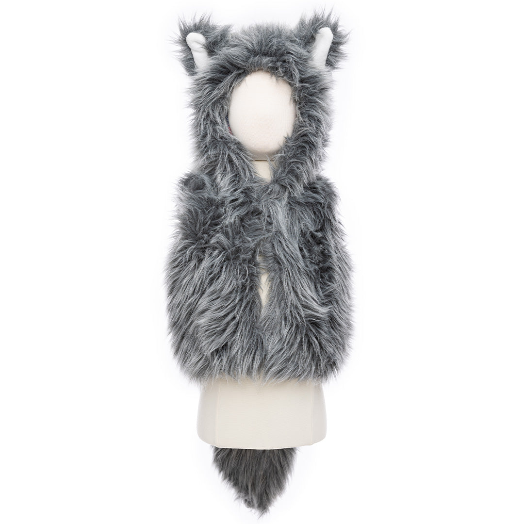 De grijze nepbont verkleedcape van de grote boze wolf, met capuchon en oren, gepresenteerd op een paspop.