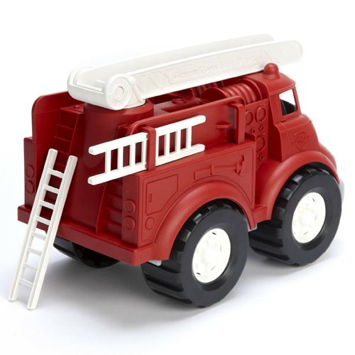 Green Toys rode speelgoed brandweerwagen met een losse witte ladder die tegen de achterkant leunt.