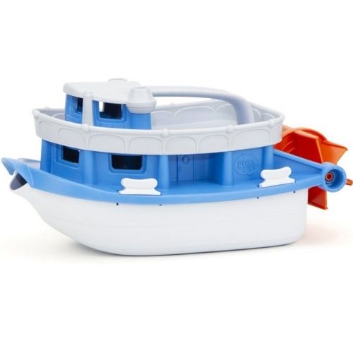 Green Toys badspeelgoed boot in blauw en wit met oranje schoepenrad.