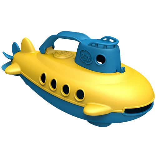 Green Toys gele duikboot badspeelgoed met blauw handvat.
