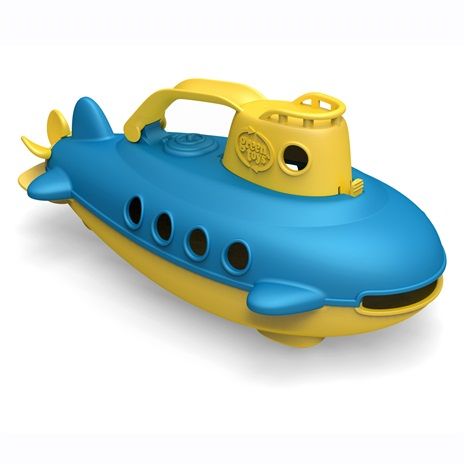 Green Toys blauw-gele duikboot badspeelgoed met een geel handvat.