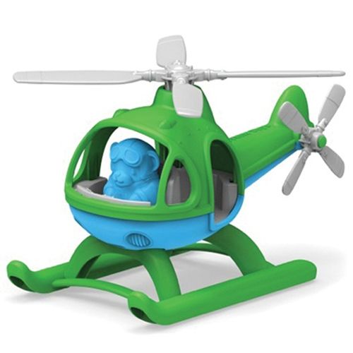 Green Toys speelgoedhelikopter in groen en blauw met een blauw figuurtje met bril.